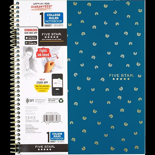 Five Star Style 1Subject Notebook, 8 1/2" x 11", College Ruled, 100