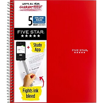 Mead Five Star 5-Subject Notebook, 8.5" x 11", College Ruled, 200 Sheets, Assorted Colors (06112/06208)