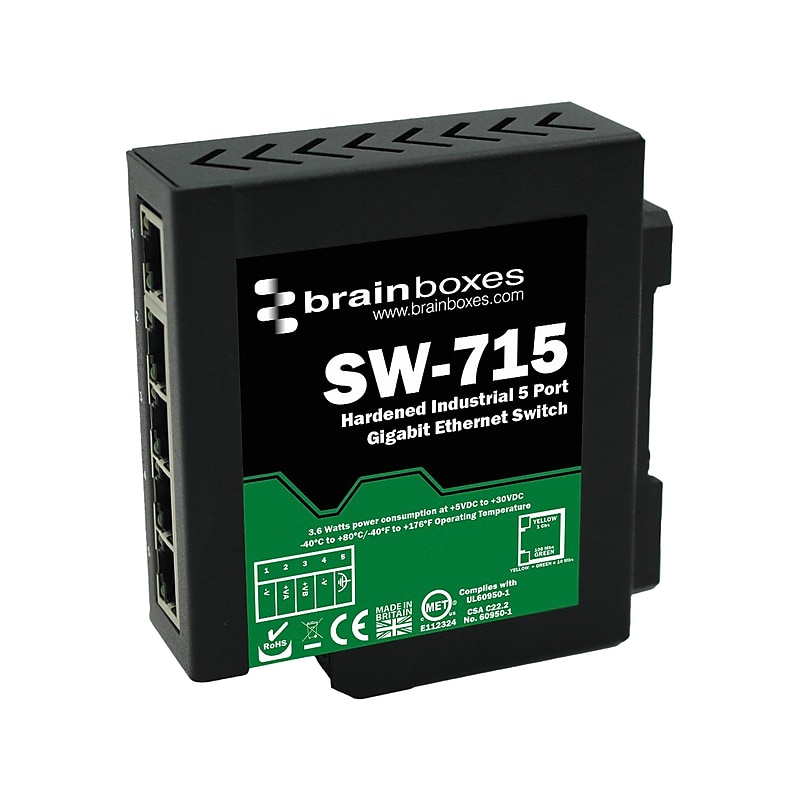 Brainboxes Industrial 5-Port Gigabit Ethernet Unmanaged Switch, 10/100/1000 Mbps, Black (SW-715) image 1