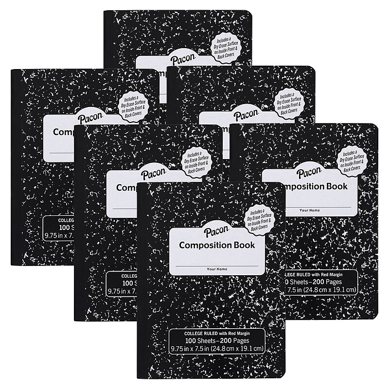 Pacon Composition Notebooks, 9.75" x 7.5", Wide Ruled, 100 Sheets, Black, 6/Bundle (PACMMK37101DE-6) image 1