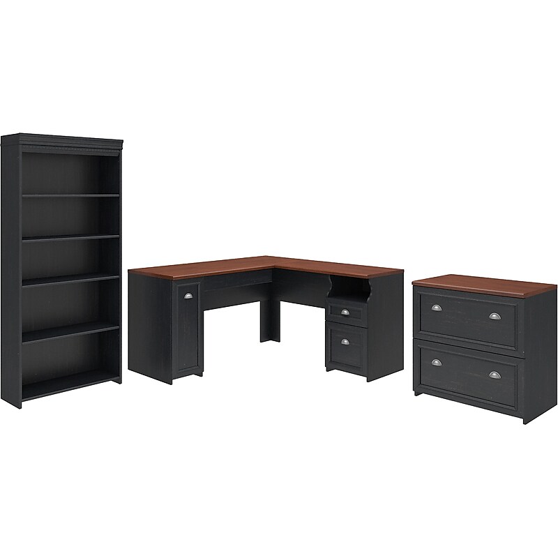 Bush Furniture Fairview 60"W L Shaped Desk with Lateral File Cabinet and 5 Shelf Bookcase, Antique Black (FV008AB) image 1