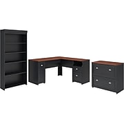 Bush Furniture Fairview 60"W L-Shaped Desk with Lateral File Cabinet and 5-Shelf Bookcase, Antique Black/Hansen Cherry (FV008AB)