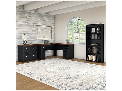 Bush Furniture Fairview 60"W L Shaped Desk with Lateral File Cabinet and 5 Shelf Bookcase