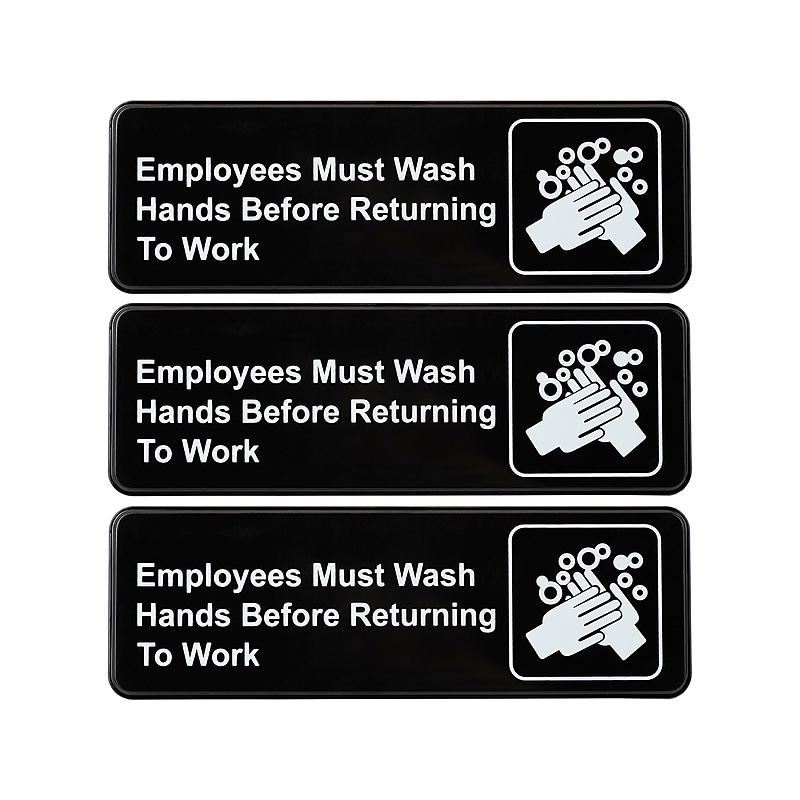 Excello Global Products Employees Must Wash Hands Indoor Wall Sign, 9" x 3", Black/White, 3/Pack (EGP-HD-0049-S) image 1