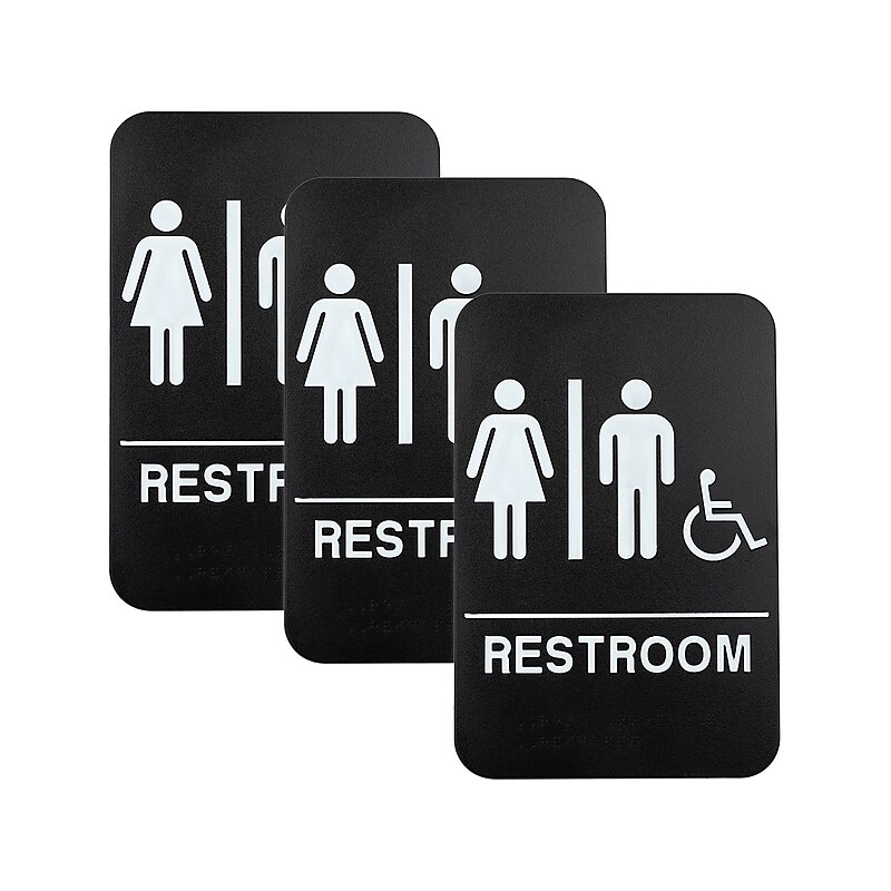 Excello Global Products Restroom Sign with Braille Indoor/Outdoor Wall Sign, 6" x 9", Black/White, 3/Pack (EGP-HD-0036-S) image 1