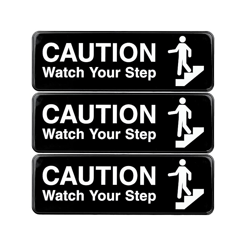 Excello Global Products Caution Watch Your Step Indoor/Outdoor Wall Sign, 9" x 3", Black/White, 3/Pack (EGP-HD-0268-S) image 1