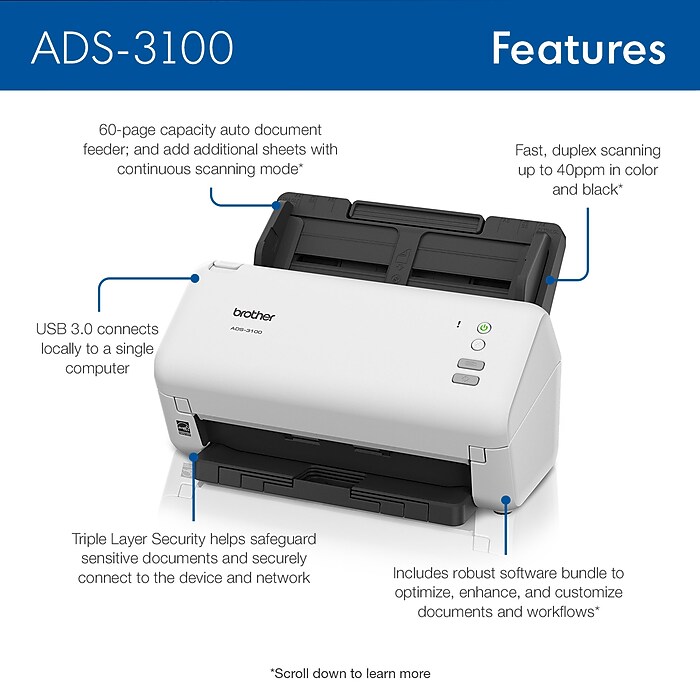 Brother ADS3100 Duplex Document Scanner, Black/White | Staples