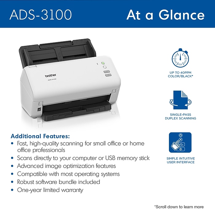 Brother ADS3100 Duplex Document Scanner, Black/White | Staples