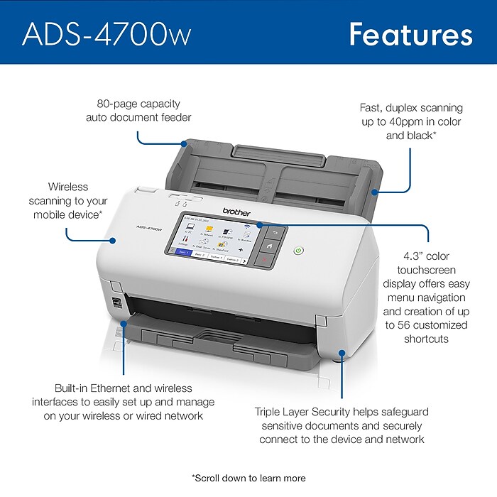 Brother ADS-4700W Duplex Document Scanner, White/Black | Staples