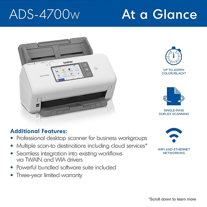 Brother ADS-4700W Duplex Document Scanner, White/Black | Staples