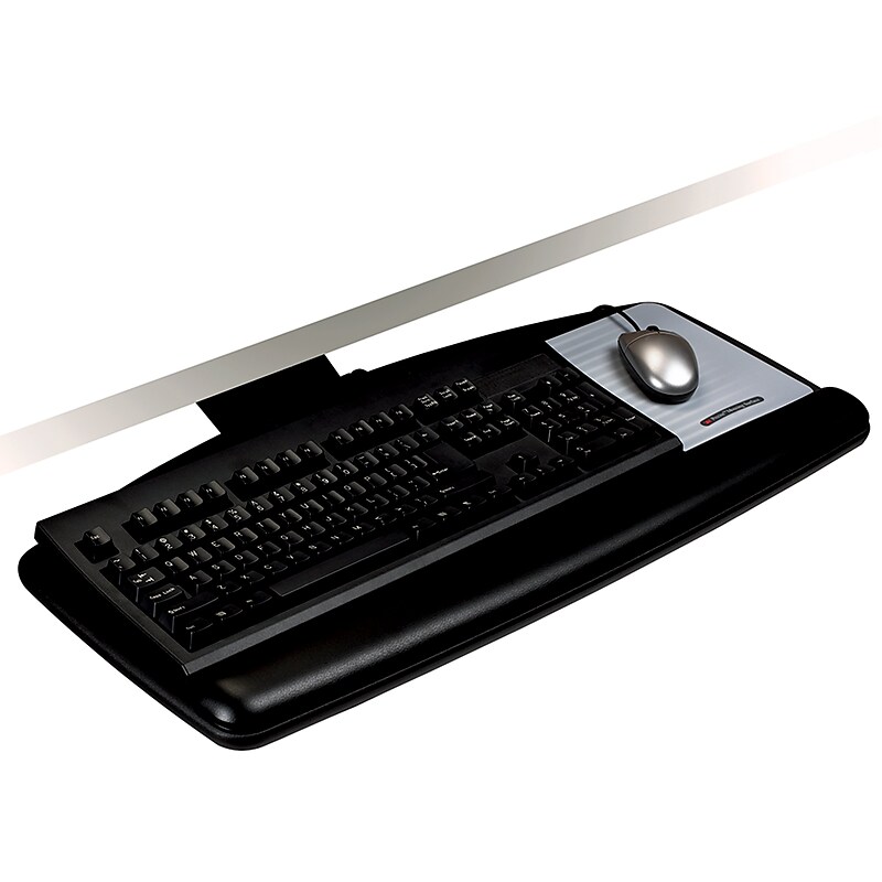 3M Knob Adjust Keyboard Tray, 25.5" x 12" Wood Platform, 17" Track, Black, Wrist Rest and Mouse Pad(AKT60LE) image 1
