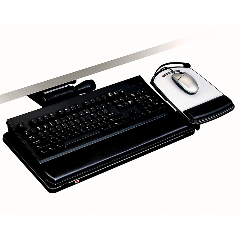 3M™ Easy Adjust Keyboard Tray, 26.75" x 10.5" Adjustable Platform, 23" Track, Black, Wrist Rest and Mouse Pad (AKT150LE) image 1