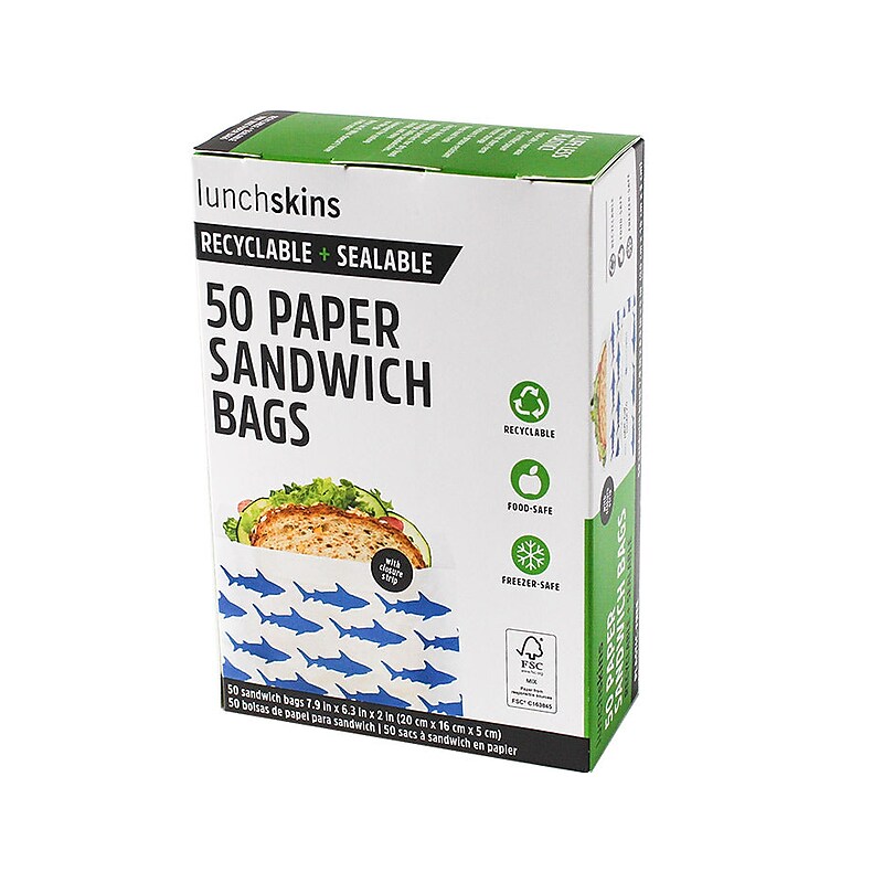 LunchSkins Shark Peel & Seal Sandwich Bag with Closure Strip, White/Blue, 50/Box (854735005904) image 1