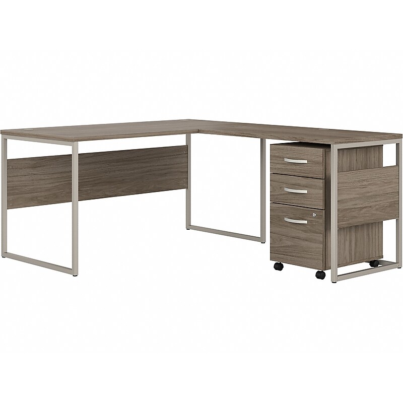 Bush Business Furniture Hybrid 60"W L Shaped Table Desk with Mobile File Cabinet, Modern Hickory (HYB029MHSU) image 1