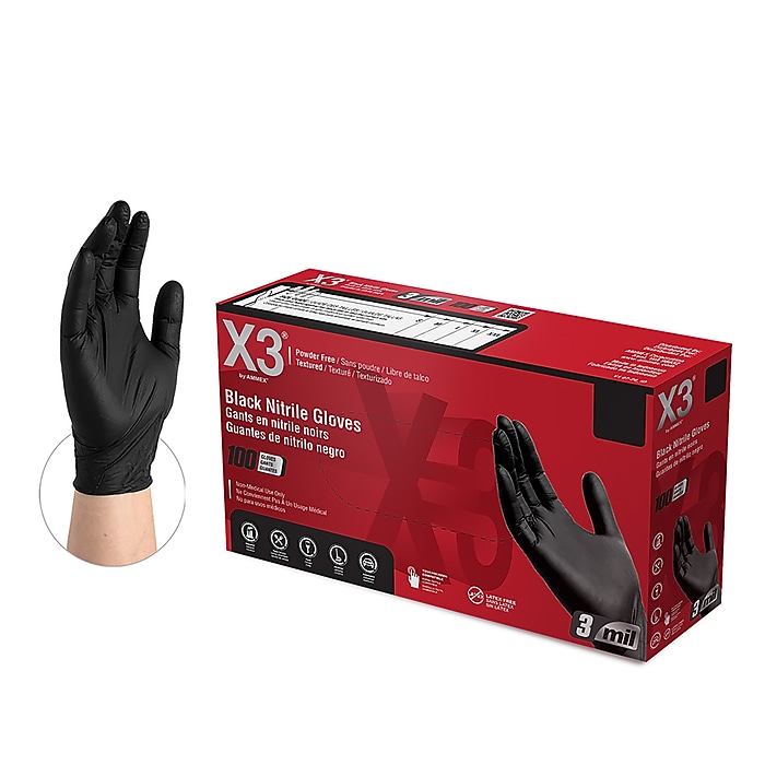 X3 Powder-Free Nitrile Gloves, Latex Free, Large, Black, 100 X3 Powder-Free Nitrile Gloves, Latex Free, Large, Black, 100