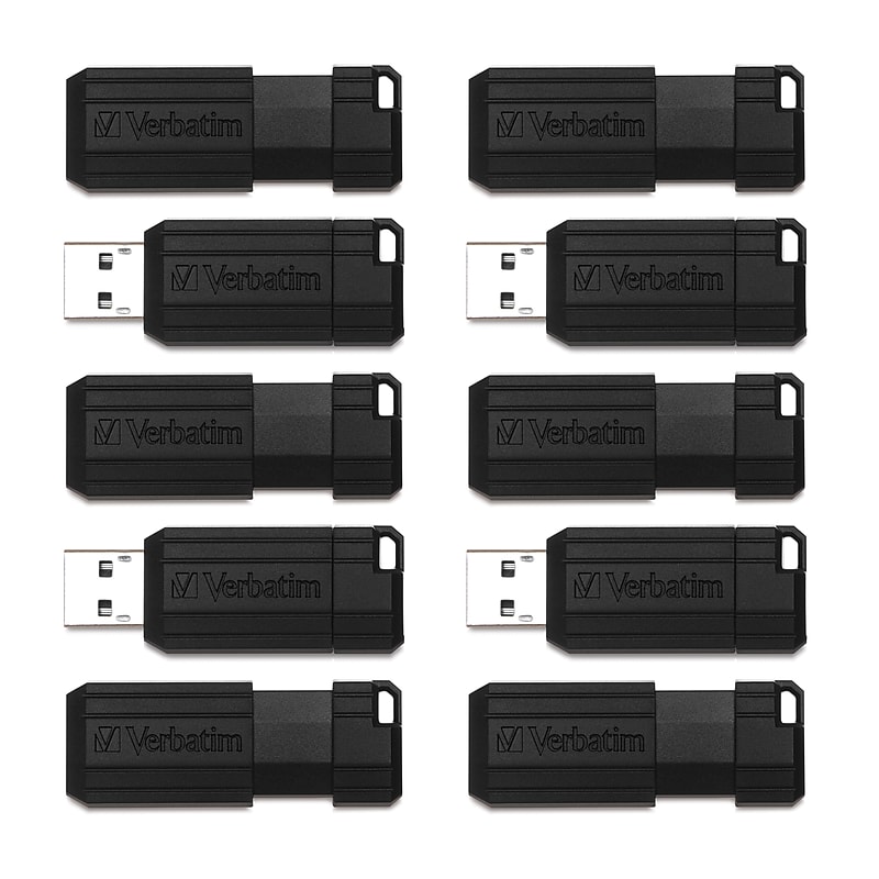 Verbatim PinStripe 64GB USB 2.0 Type A Flash Drive, Black, 10/Pack (70901) image 1