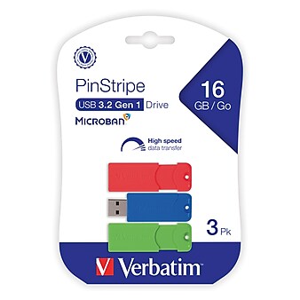Verbatim PinStripe 16GB USB 3.2 Type A Flash Drive, Assorted Colors, 3/Pack (70386)