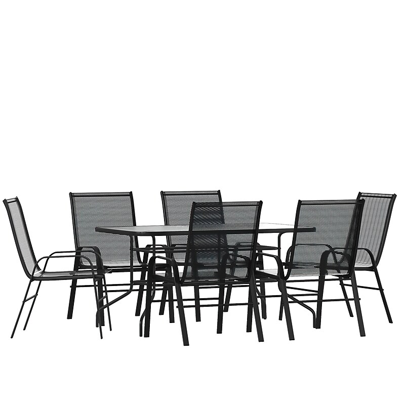 Flash Furniture Brazos Patio Dining Set with 55" Table w/ Umbrella Hole and 6 Flex Comfort Stack Chairs, Black (TLH089R303CBK6) image 1