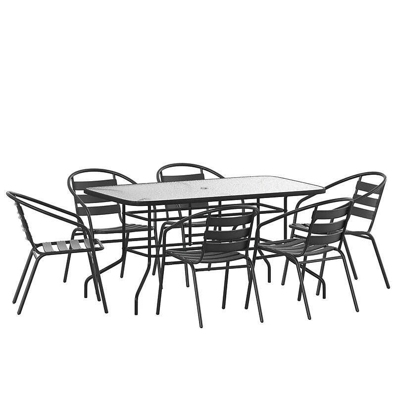 Flash Furniture Lila 55" Patio Table with Umbrella Hole and 6 Slat Stack Chairs, Black (TLH089R017CBK6) image 1