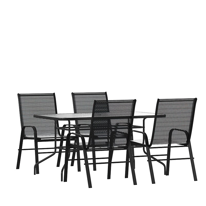 Flash Furniture Brazos Patio Dining Set with 55" Table w/ Umbrella Hole and 4 Flex Comfort Stack Chairs, Black (TLH089R303CBK4) image 1