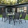Flash Furniture Brazos Patio Dining Set with 55" Table w/ Umbrella Hole and 4 Flex Comfort Stack Chairs, Black (TLH089R303CBK4)~#|#~sp175473836_sc7
