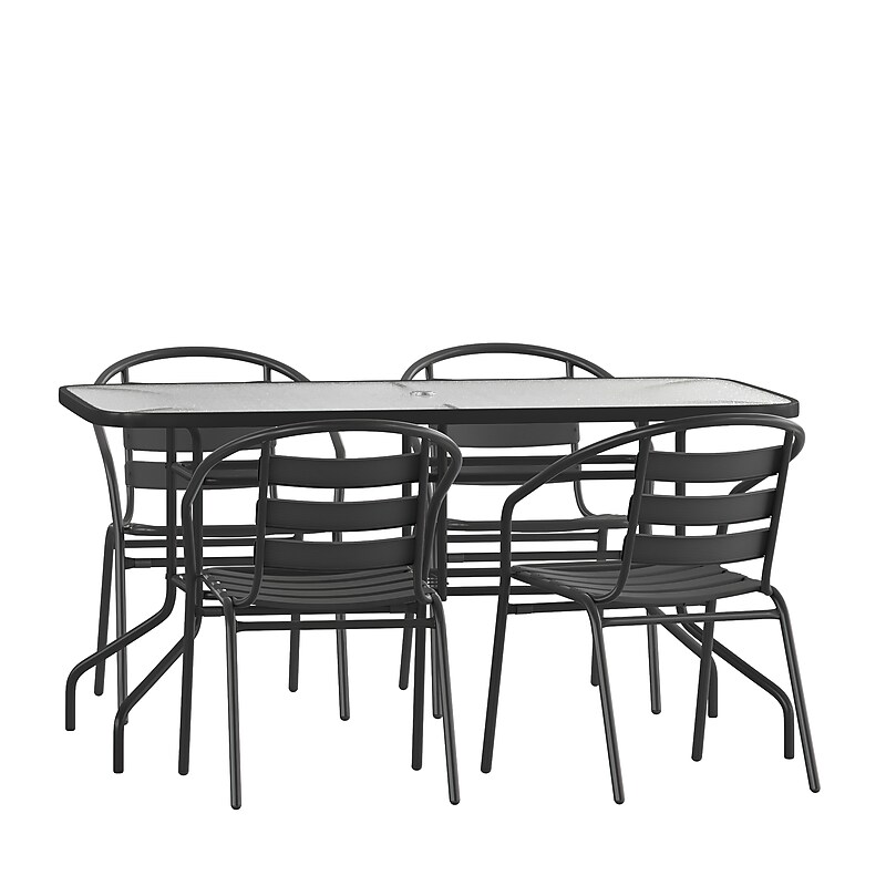 Flash Furniture Lila 55" Patio Table with Umbrella Hole and 4 Slat Stack Chairs, Black (TLH089R017CBK4) image 1