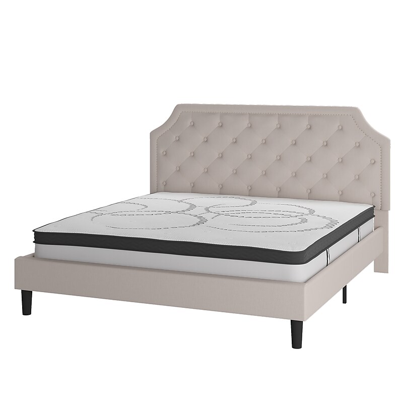 Flash Furniture Brighton Platform Bed in Beige Fabric and Pocket Spring Mattress, King (SLBM104) image 1