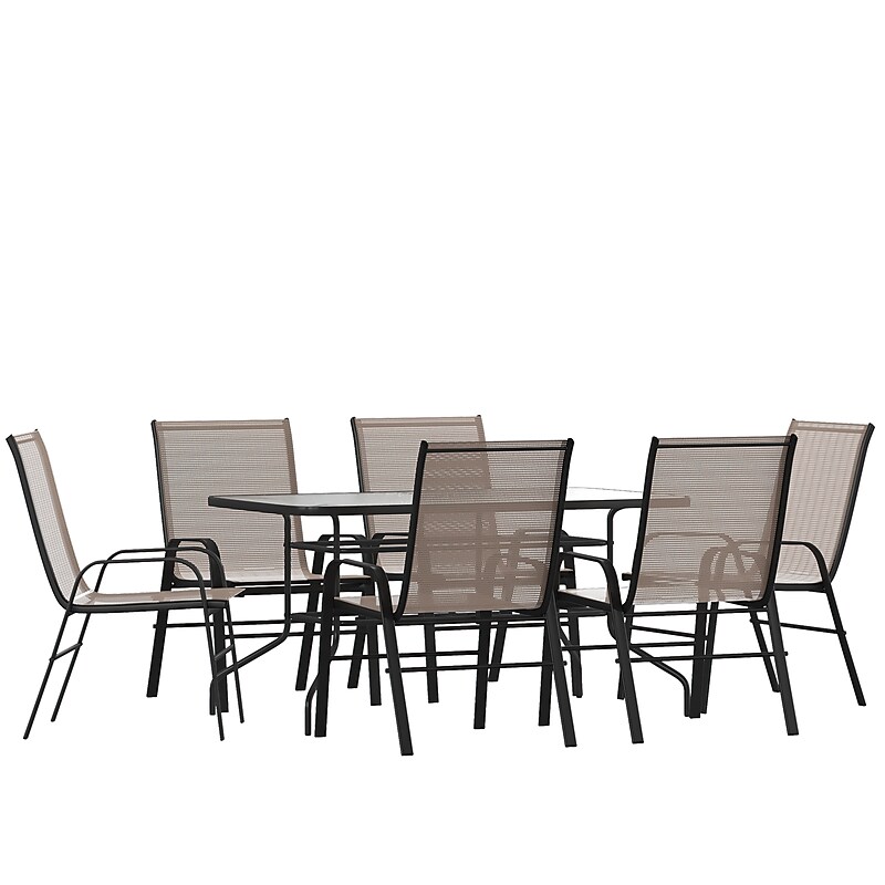 Flash Furniture Brazos Patio Dining Set with 55" Table w/ Umbrella Hole and 6 Flex Comfort Stack Chairs, Brown (TLH089R017CBN6) image 1