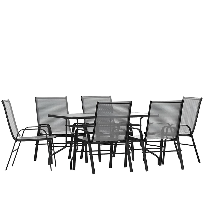 Flash Furniture Brazos Patio Dining Set with 55" Table with Umbrella Hole and 6 Flex Comfort Stack Chairs, Gray (TLH089R017CGY6) image 1