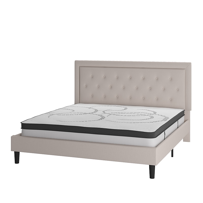 Flash Furniture Roxbury Platform Bed in Beige Fabric and Pocket Spring Mattress, King (SLBM1020) image 1