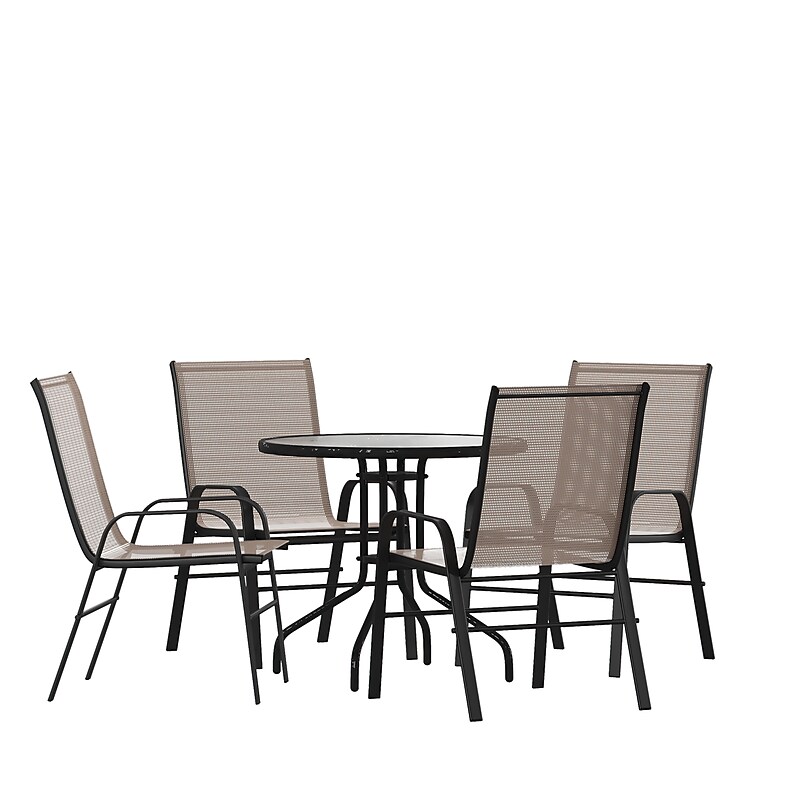 Flash Furniture Brazos Outdoor Patio Dining Set with 31.5" Round Table and 4 Flex Comfort Stack Chairs, Brown (TLH0702303CBN) image 1