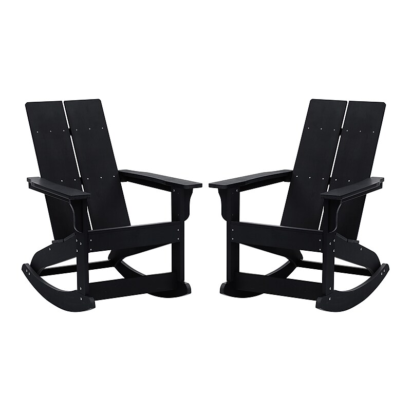 Flash Furniture Finn All-Weather 2-Slat Poly Resin Rocking Adirondack Chair, Black, 2/Pack (JJC14709BK2) image 1