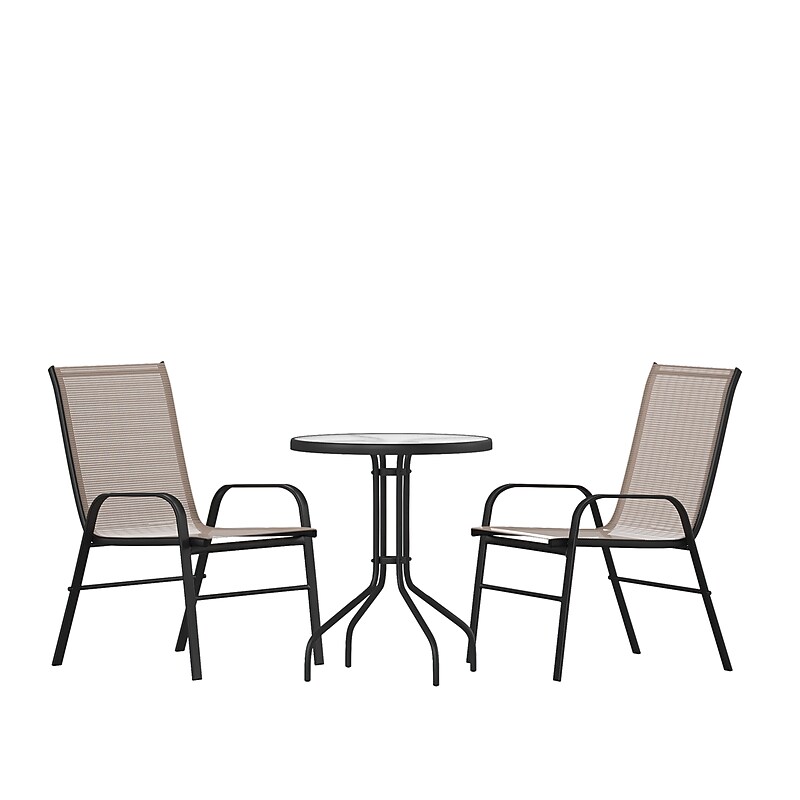 Flash Furniture Brazos Outdoor Patio Dining Set with 23.75" Round Table and 2 Flex Comfort Stack Chairs, Brown (TLH0701303CBN) image 1