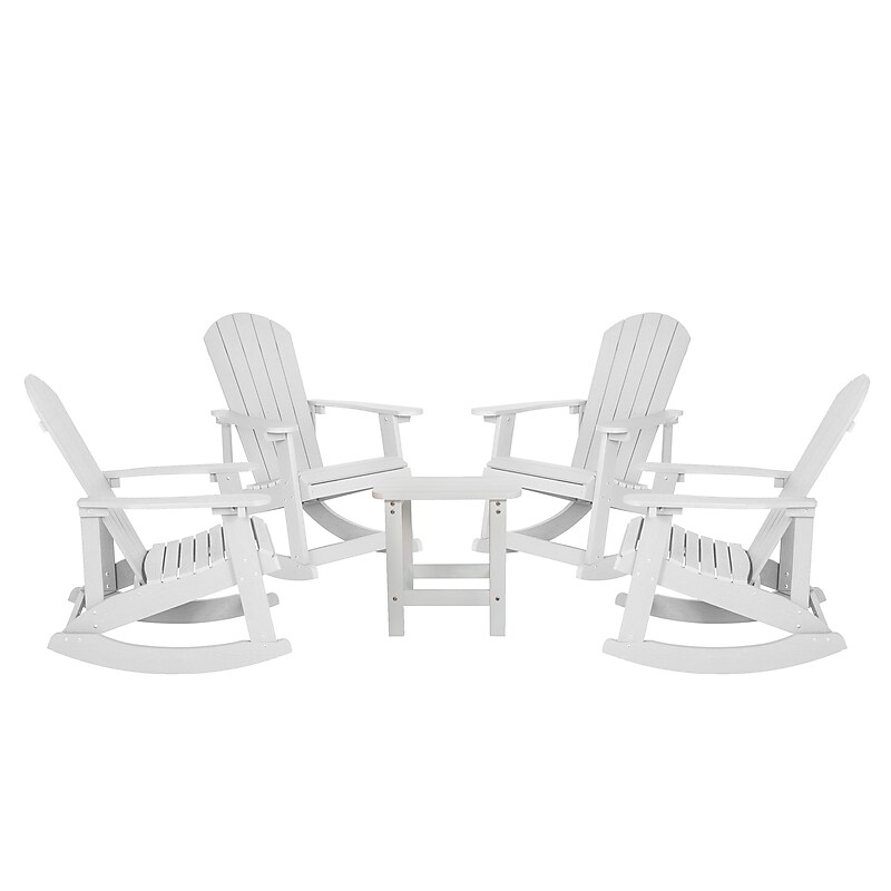 Flash Furniture Savannah All-Weather Poly Resin Wood Adirondack Rocking Chairs with Side Table, White, 5/Set (JJC147054T141WH) image 1