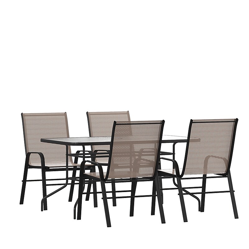 Flash Furniture Brazos Patio Dining Set w/ 55" Table with Umbrella Hole and 4 Flex Comfort Stack Chairs, Brown (TLH089R017CBN4) image 1