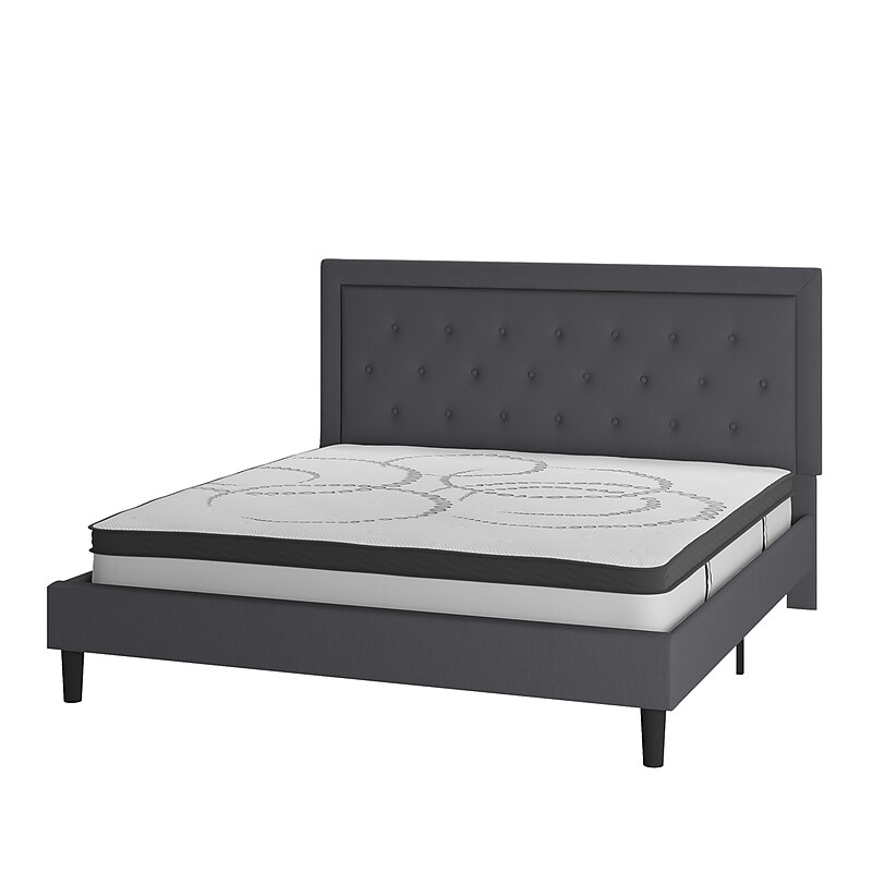 Flash Furniture Roxbury Platform Bed in Dark Gray Fabric and Pocket Spring Mattress, King (SLBM1032) image 1