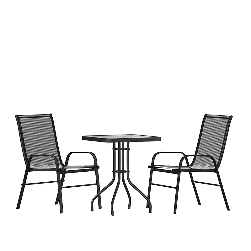 Flash Furniture Brazos Outdoor Patio Dining Set with 23.5" Square Table and 2 Flex Comfort Stack Chairs, Black (TLH073A1303C) image 1