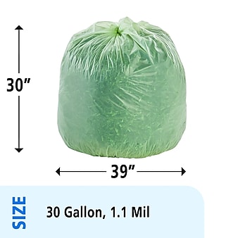 Stout EcoSafe-6400 30 Gallon Compostable Industrial Trash Bag, 30" x 39", Low Density, 1.1 mil, Green, 48 Bags/Box, 4 Rolls