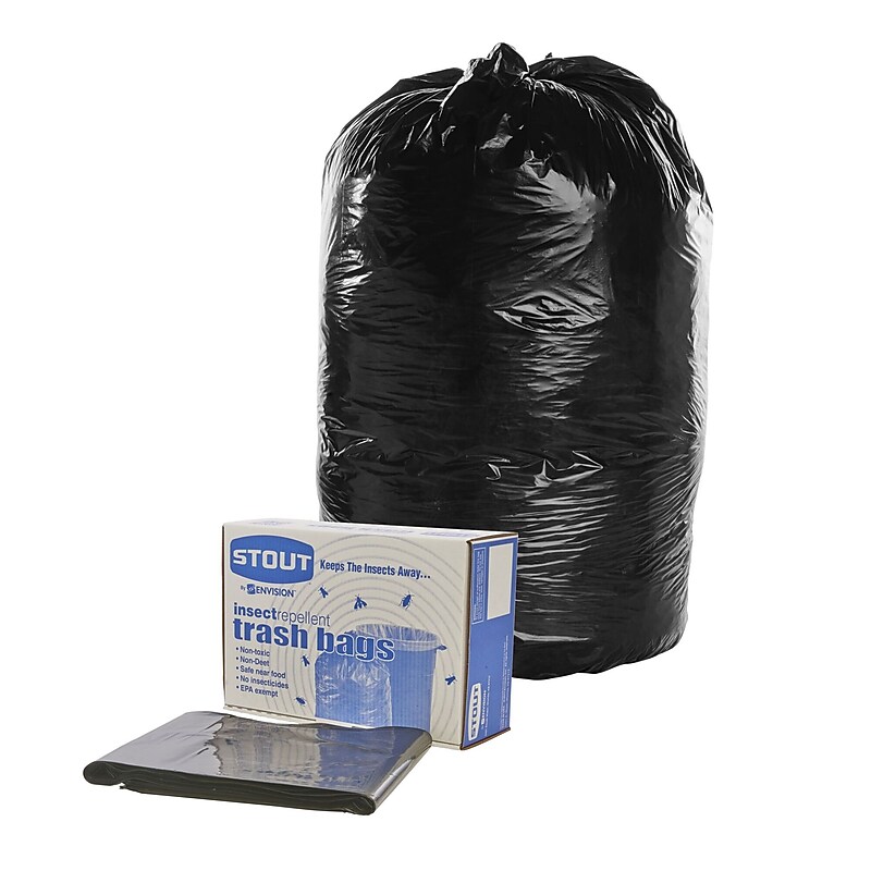 Stout Insect Repellent 45 Gallon Industrial Trash Bag, 45" x 33", Low Density, 2 mil, Black, 65 Bags/Box (STOP4045K20) image 1