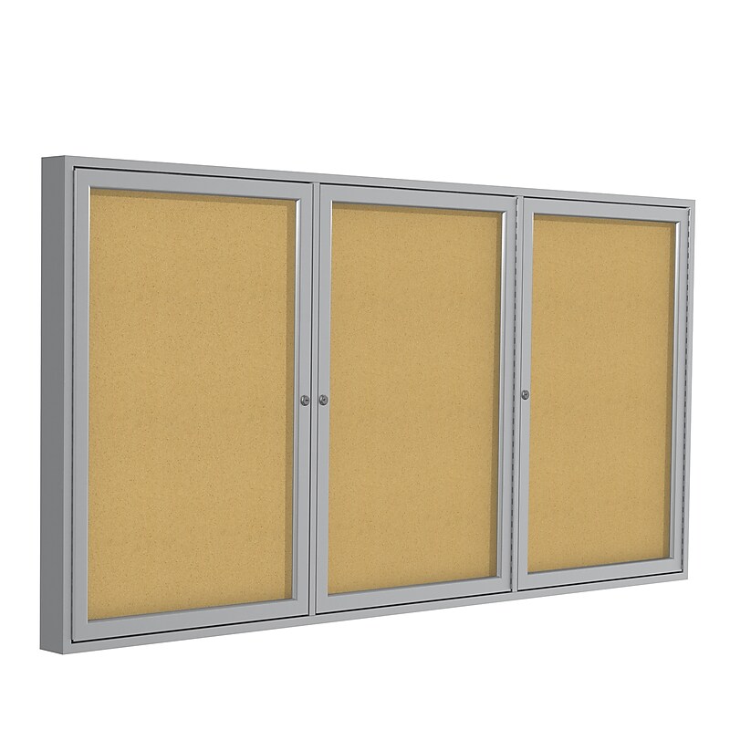 Ghent 4' H x 6' W Enclosed Natural Cork Bulletin Board with Satin Frame, 3 Door (PA34872K) image 1