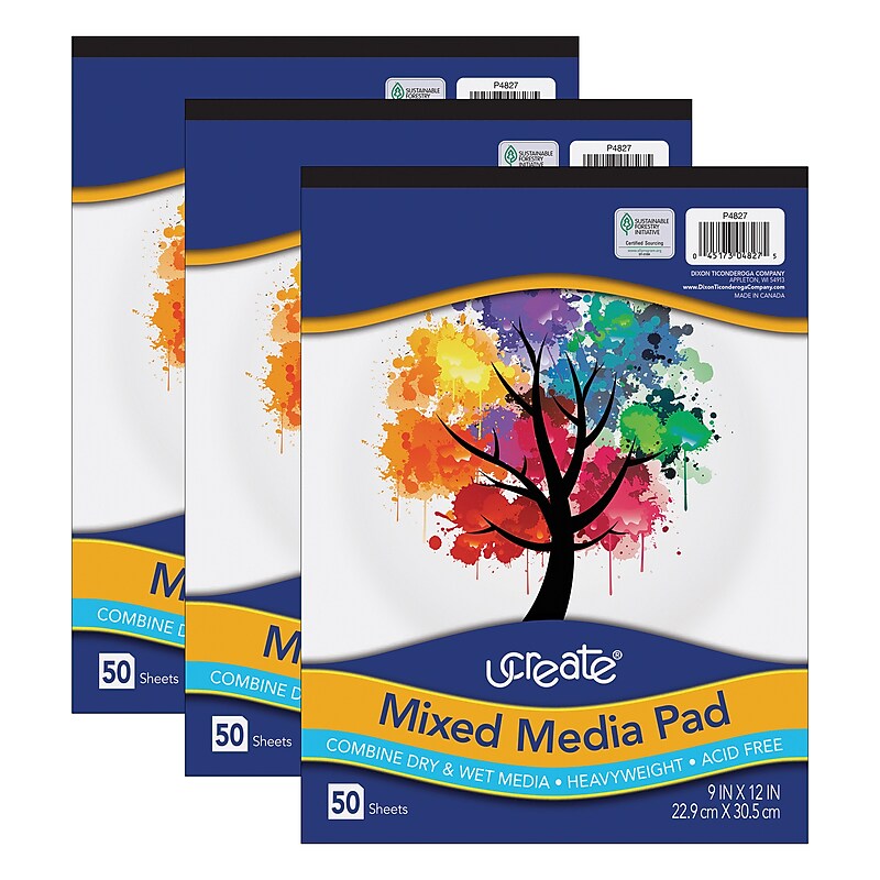 uCreate 9" x 12" Tape Bound Mixed Media Sketch Pad, 50 Sheets/Pad, 3 Pads/Bundle (PAC4827-3) image 1