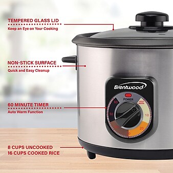Brentwood Stainless Steel Crunchy Persian Rice Cooker (16 Cups Cooked, 500 Watts), (TS-1216S)