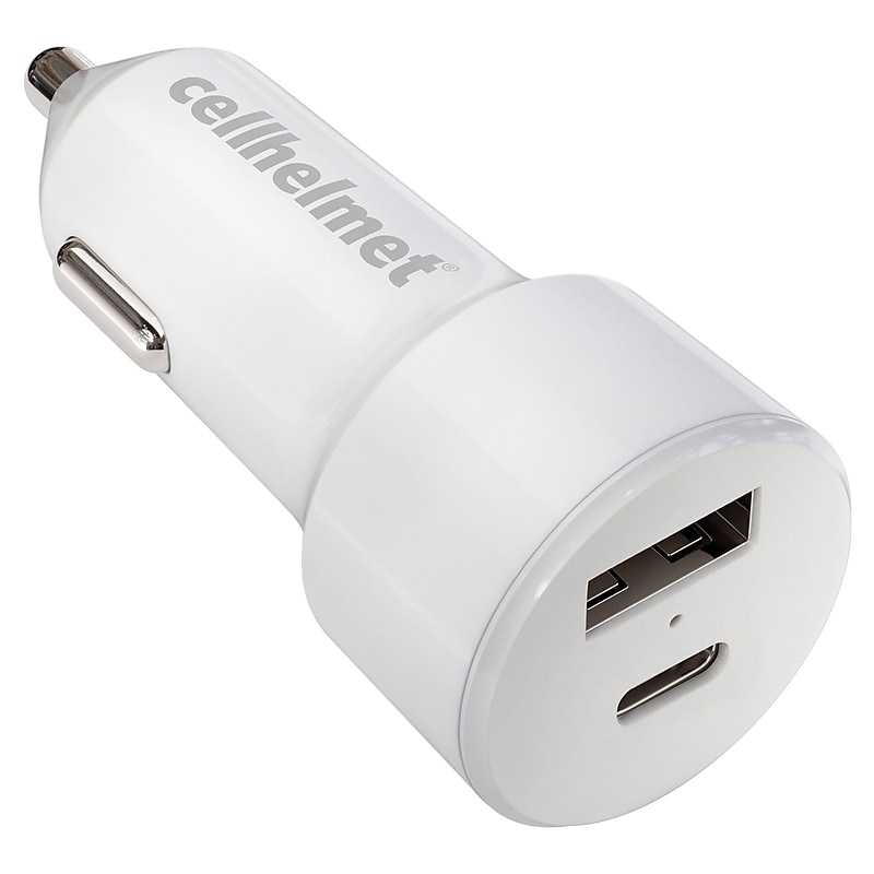 cellhelmet Dual-Port Car Charger for USB and USB-C, 20-Watt, White (CAR-PD-20W-A-C) image 1