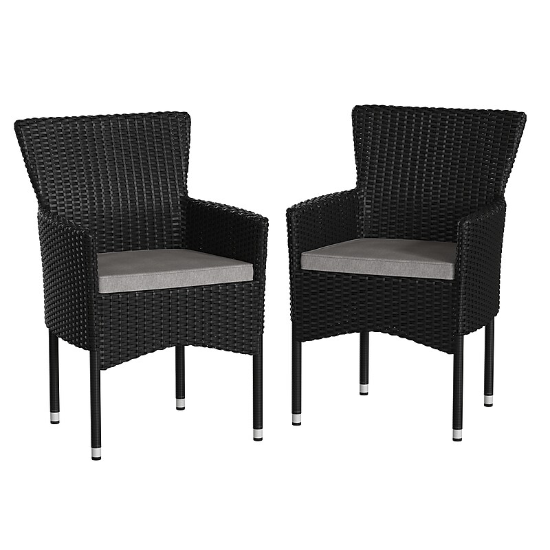Flash Furniture Maxim Patio Armchairs with Cushions, Black Chairs with Gray Cushions, 2 Pack (2TW3WBE074BK) image 1