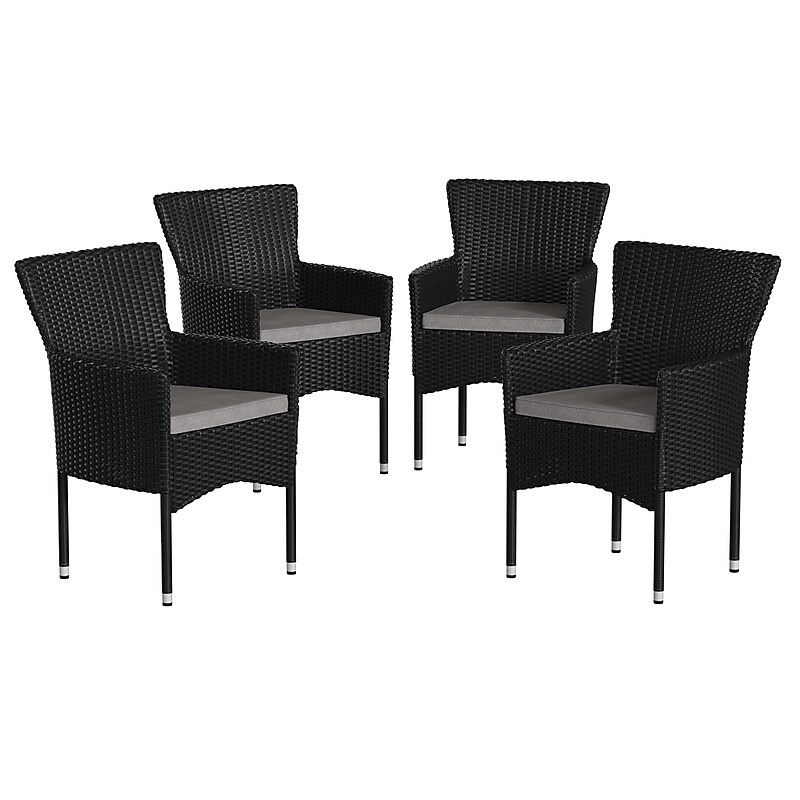 Flash Furniture Maxim Patio Armchairs with Cushions, Black Chairs with Gray Cushions, 4 Pack (4TW3WBE074BK) image 1