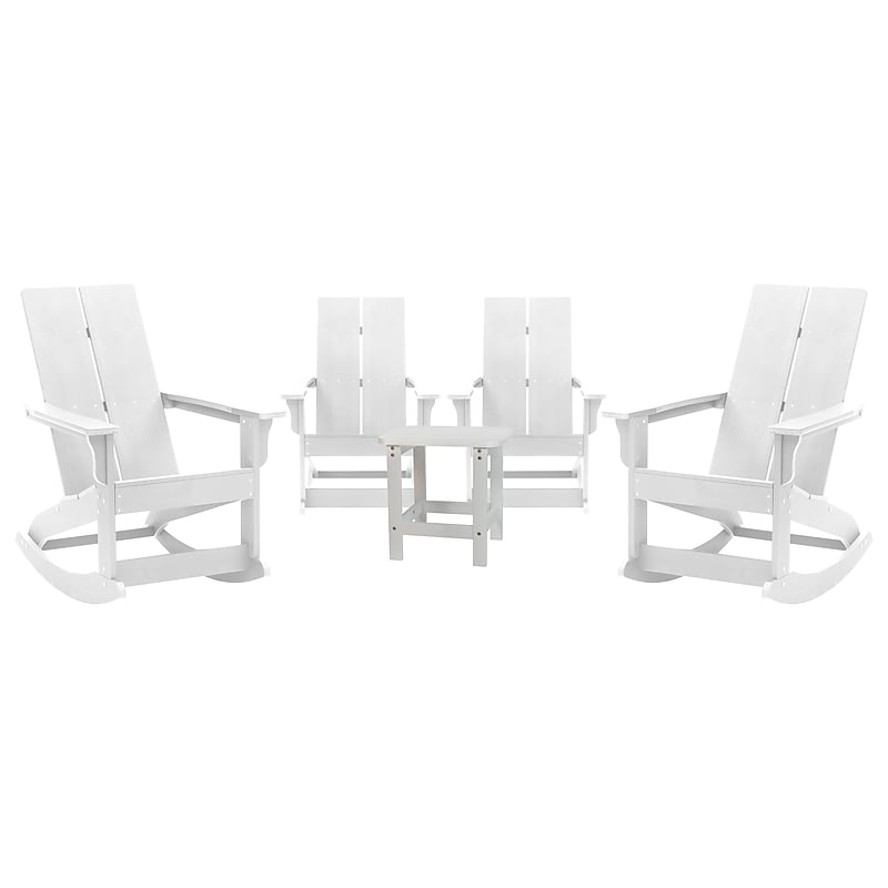 Flash Furniture Finn All-Weather 2-Slat Poly Resin Rocking Adirondack Chairs with Side Table, White, 5/Set (JJC147094T141WH) image 1