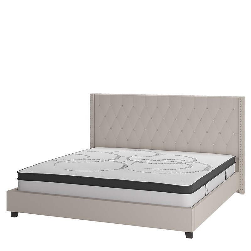 Flash Furniture Riverdale Tufted Platform Bed in Beige Fabric with 10" Pocket Spring Mattress, King (HGBM1036) image 1