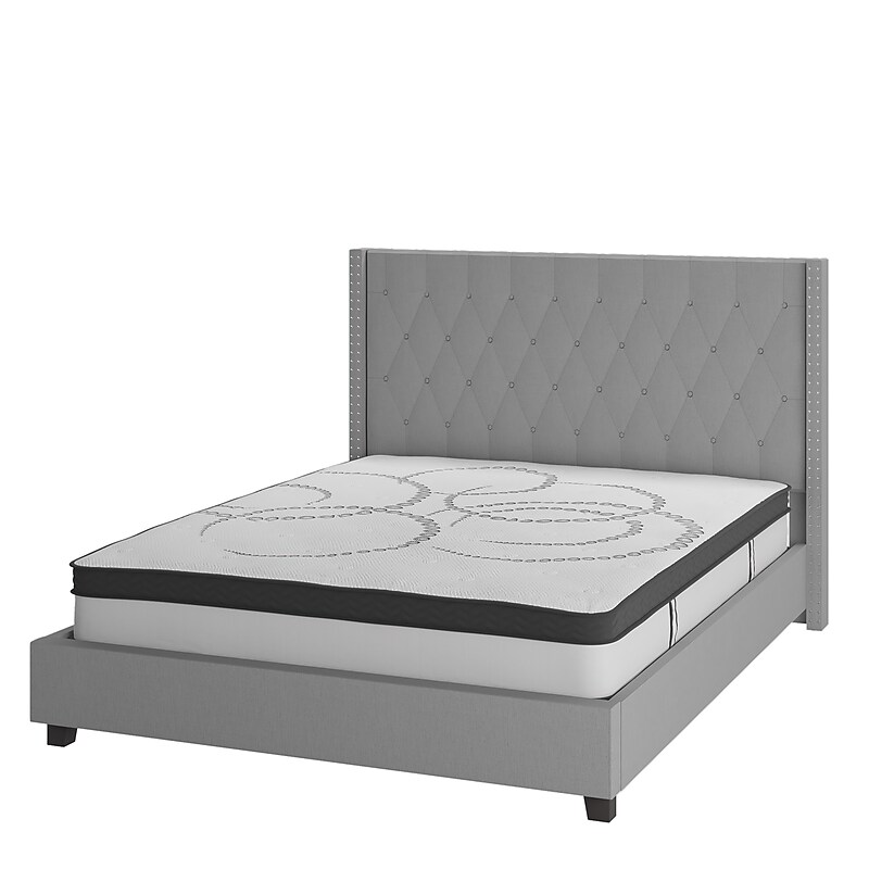 Flash Furniture Riverdale Tufted Platform Bed in Light Gray Fabric with 10" Pocket Spring Mattress, King (HGBM1044) image 1