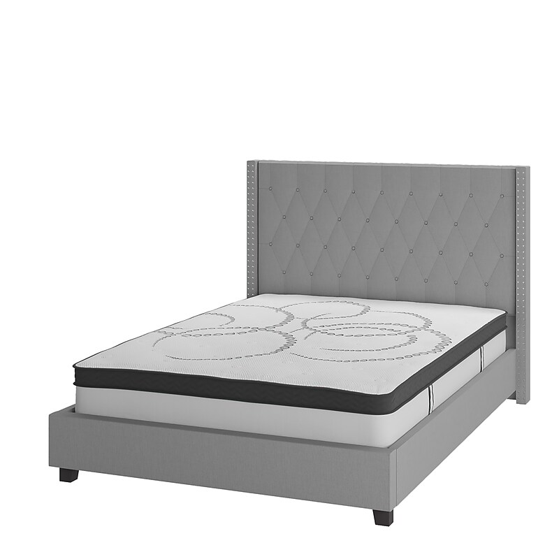 Flash Furniture Riverdale Tufted Platform Bed in Light Gray Fabric with 10" Pocket Spring Mattress, Full (HGBM1042) image 1