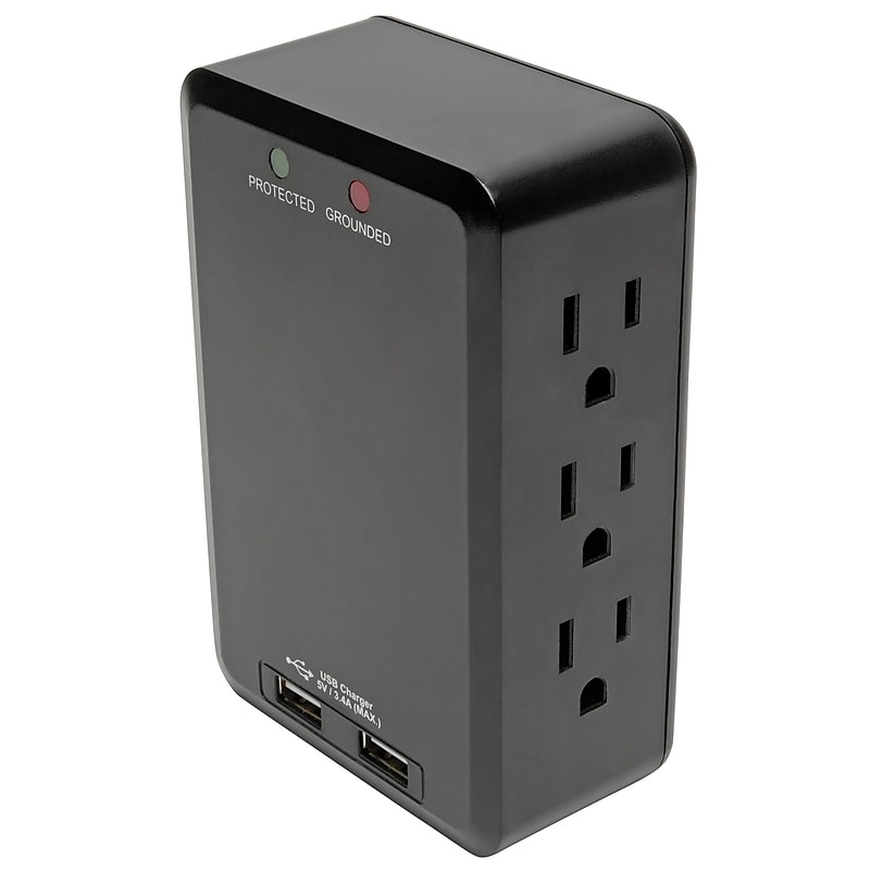 Tripp Lite Protect It! 6-Outlet Side-Load Surge Protector Wall Tap with 2 USB Charging Ports, Black, (TLP6SLUSBB) image 1